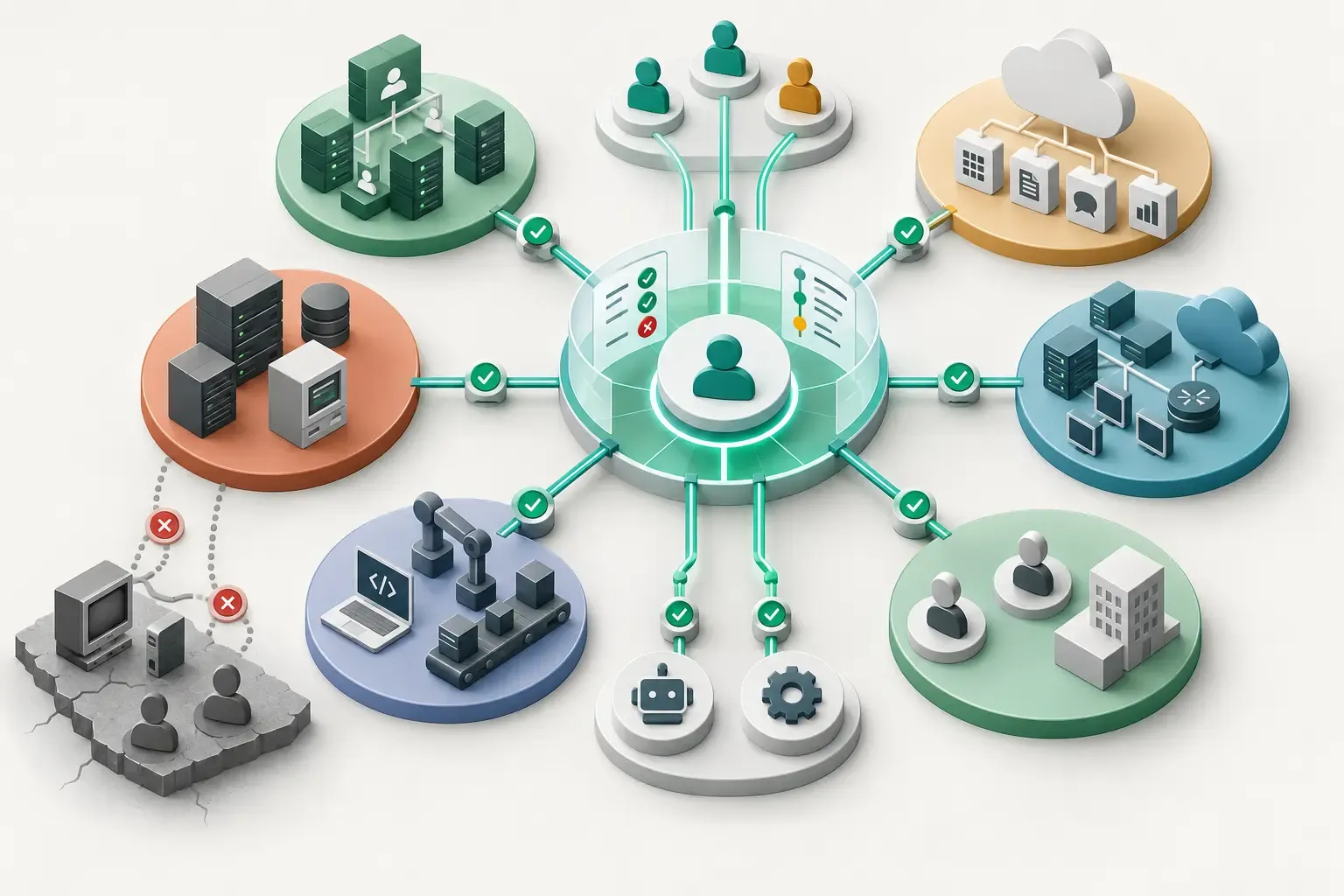 Separate directories, cloud services and local systems connected through a central IAM layer
