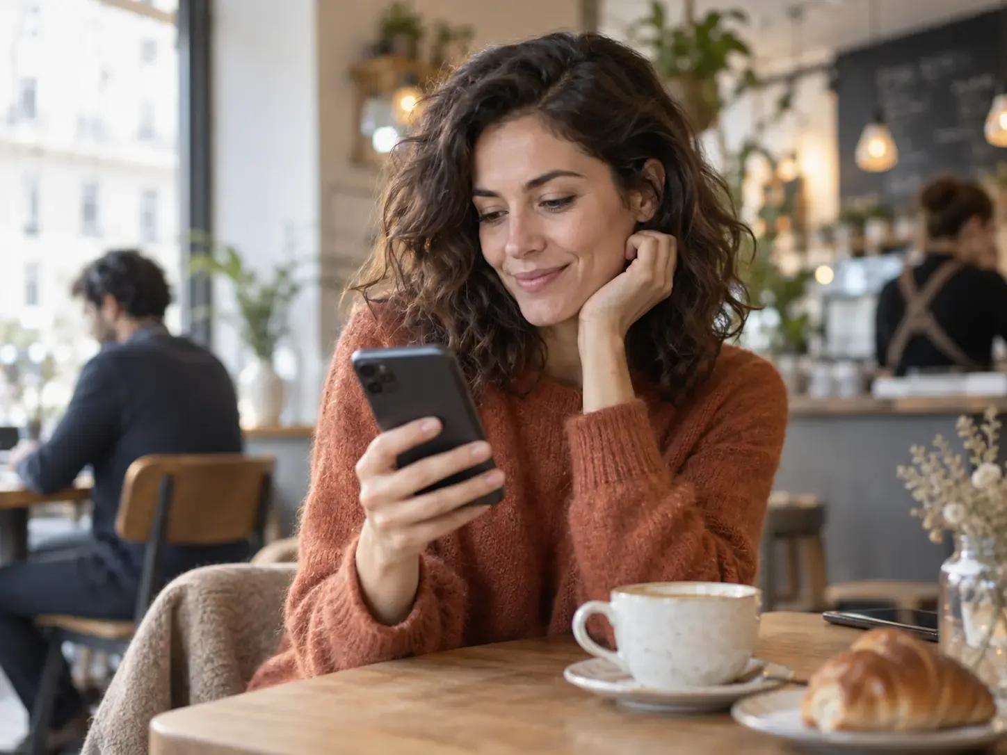 A woman using a smartphone in a warm cafe setting.