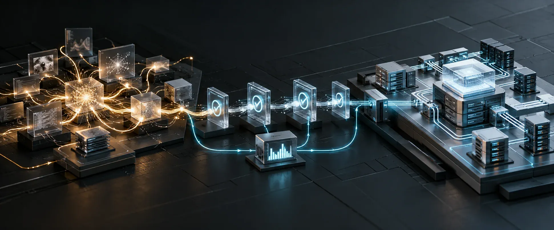 An experimental AI prototype passing through validation checkpoints into a structured production system