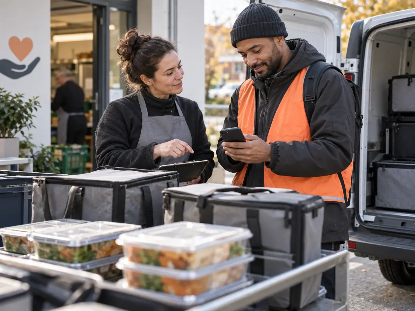 A delivery coordinator and driver confirming meal deliveries on mobile devices.
