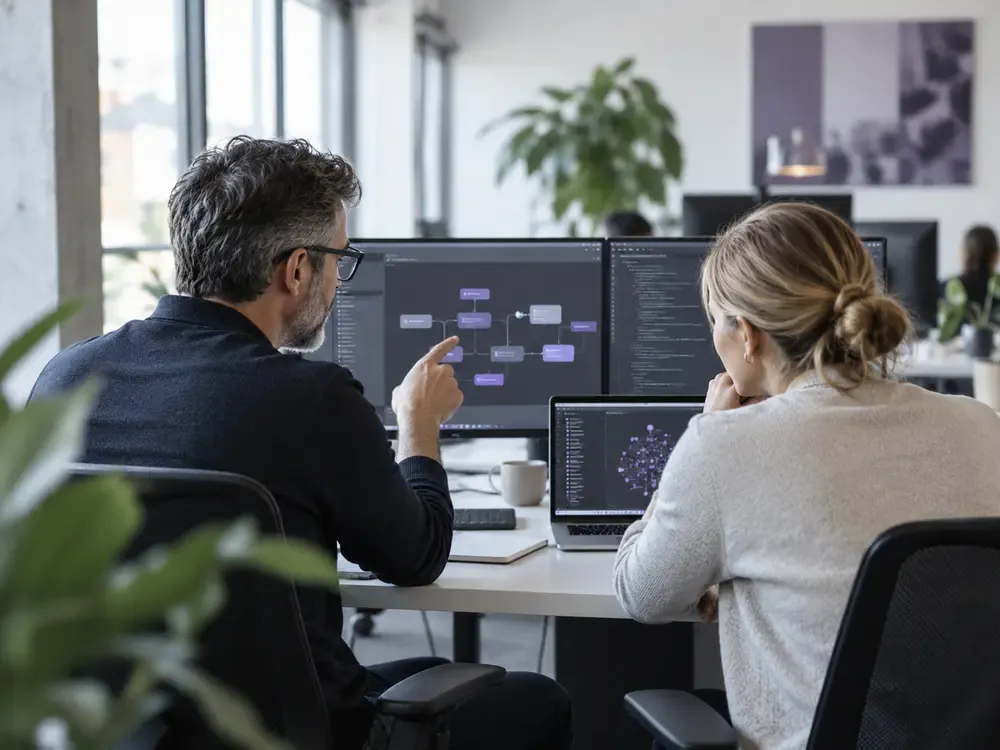 Technology specialists reviewing an AI-supported process.