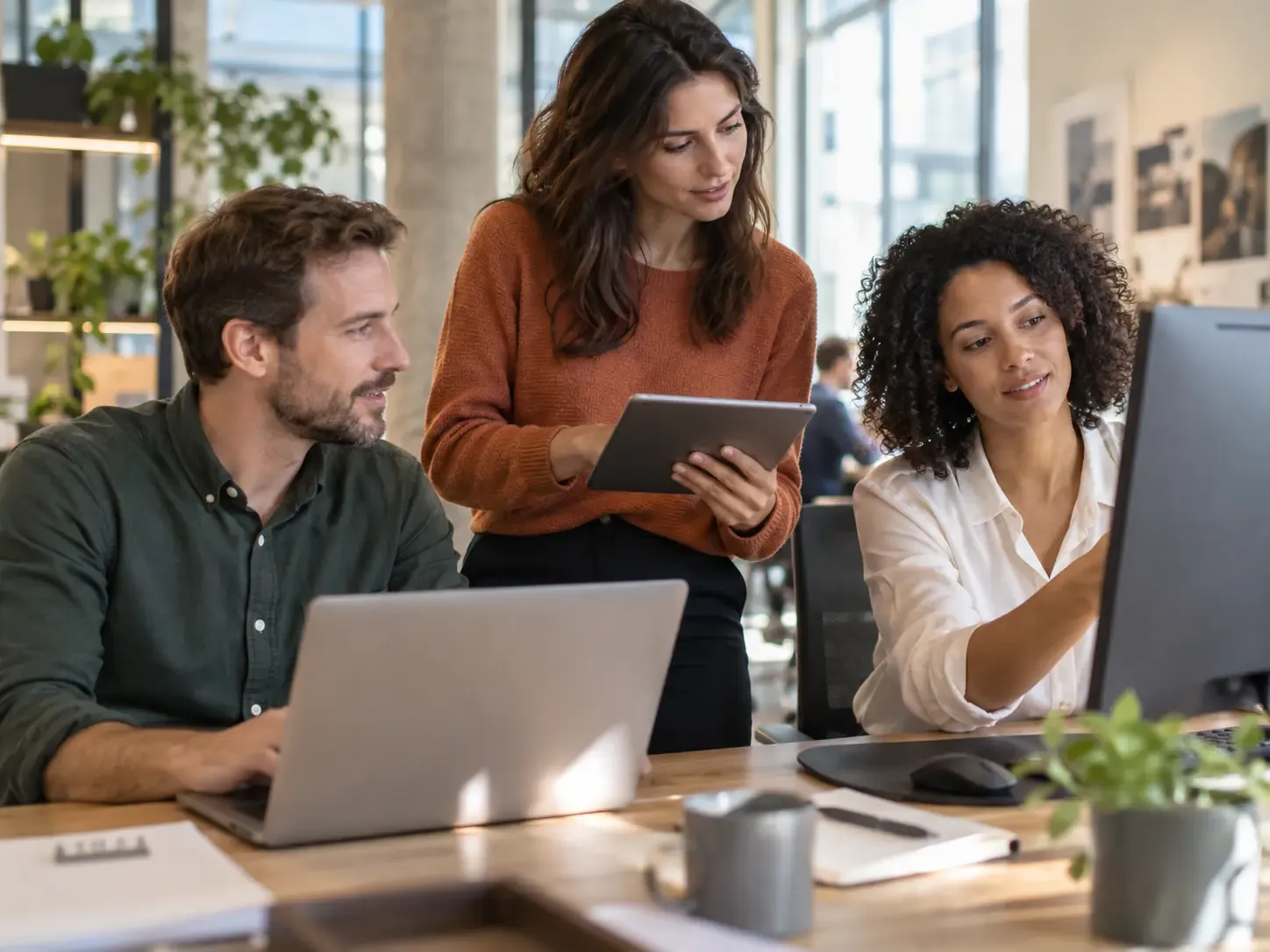 Colleagues working together across a laptop, tablet, and desktop computer.